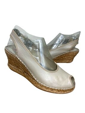 Aedo Made in Spain Taupe Upper Leather Wedge Espadrilles Open Toe Sandals Sz 37
